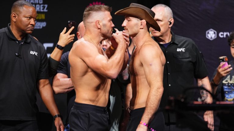 UFC middleweight champion Dricus Du Plessis and top contender Sean Strickland face off at the UFC 312 ceremonial weigh-ins. (UFC Press)
