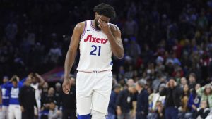 Philadelphia 76ers' Joel Embiid reacts after missing a shot during the second half of an NBA basketball game against the Toronto Raptors, Tuesday, Feb. 11, 2025, in Philadelphia. (Matt Slocum/AP)