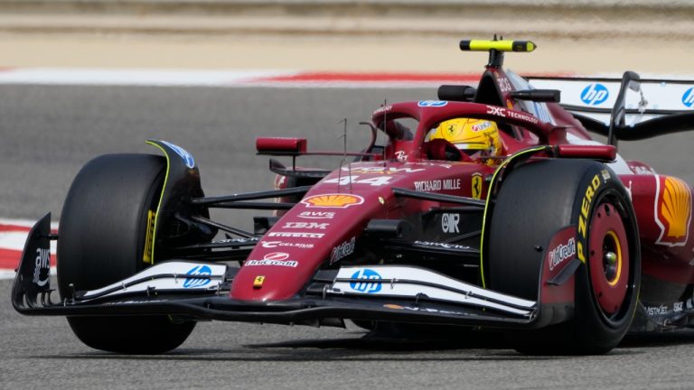 Ferrari driver Lewis Hamilton in action during a Formula One pre-season test at the Bahrain International Circuit. (Darko Bandic/AP)