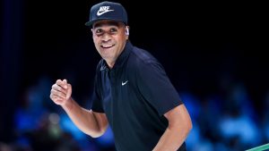 Tony Finau of Los Angeles Golf Club reacts before hitting a tee shot on the first hole during their TGL presented by SoFi match at SoFi Center on February 24, 2025 in Palm Beach Gardens, Florida. (Megan Briggs/TGL via Getty Images)