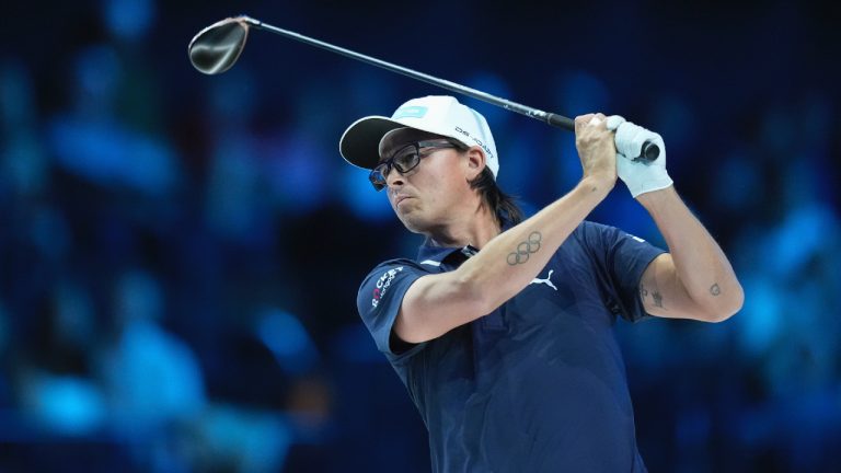 Rickie Fowler of New York Golf Club watches a shot on the tenth hole during the inaugural match of the TMRW Golf League, against The Bay Golf Club, Tuesday, Jan. 7, 2025, in Palm Beach Gardens, Fla. (Rebecca Blackwell/AP)