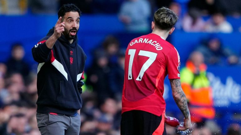 Manchester United manager Ruben Amorim gestures to Alejandro Garnacho, during the English Premier League soccer match between Everton and Manchester United, at Goodison Park, in Liverpool, England, Saturday, Feb. 22, 2025. (Peter Byrne/PA via AP)