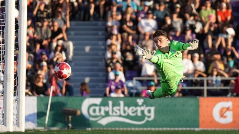 Pacific FC goalkeeper Emil Gazdov allows a goal to Vancouver Whitecaps' Ryan Gauld, not seen, during second-half Canadian Championship semifinal soccer action in Langford, B.C., Wednesday, July 10, 2024. (Darryl Dyck/CP)