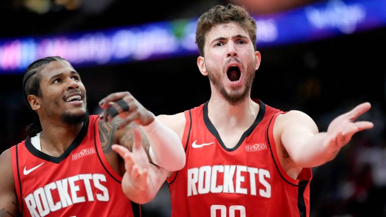 Houston Rockets center Alperen Sengun (28) reacts to a call by an official during the second half of an NBA basketball game against the Minnesota Timberwolves. (Eric Christian Smith/AP)