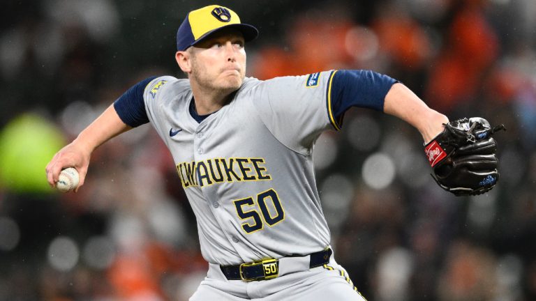  Milwaukee Brewers pitcher JB Bukauskas throws during a baseball game against the Baltimore Orioles, Friday, April 12, 2024, in Baltimore. (Nick Wass/AP)