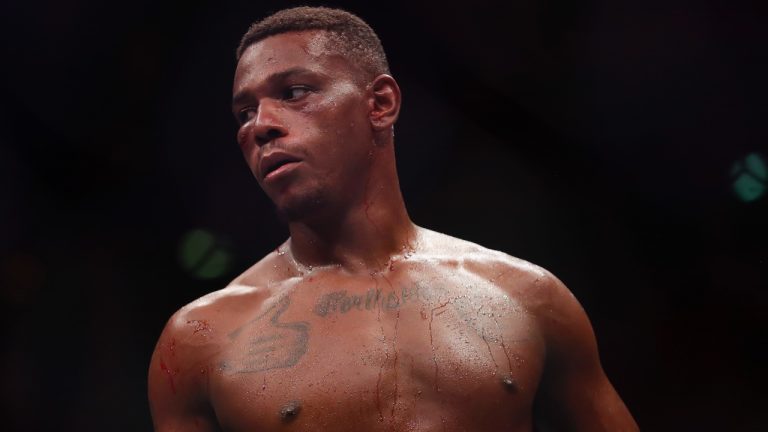 FILE - United States' Jamahal Hill stands during a light heavyweight title bout against Brazil's Glover Teixeira at the UFC 283 mixed martial arts event in Rio de Janeiro early Jan. 22, 2023. (AP/Bruna Prado, File)