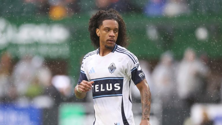 Vancouver Whitecaps forward Jayden Nelson (7) plays during an MLS soccer game against the Portland Timbers Sunday, Feb. 23, 2025, in Portland, Ore. (AP Photo/Amanda Loman)