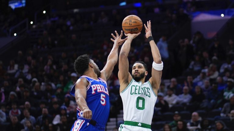 Boston Celtics' Jayson Tatum goes up for a shot against Philadelphia 76ers' Quentin Grimes during the first half of an NBA game, Thursday, Feb. 20, 2025, in Philadelphia. (AP/Matt Slocum)
