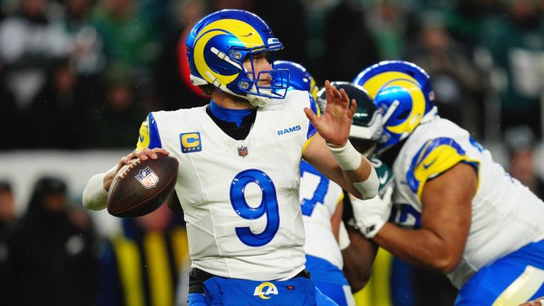 Los Angeles Rams' Matthew Stafford in action during an NFL NFC divisional playoff game against the Philadelphia Eagles, Sunday, Jan. 19, 2025, in Philadelphia. (AP/Derik Hamilton)