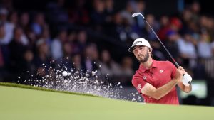 Max Homa of Jupiter Links GC playing out of a bunker during a TGL match. (TGL)