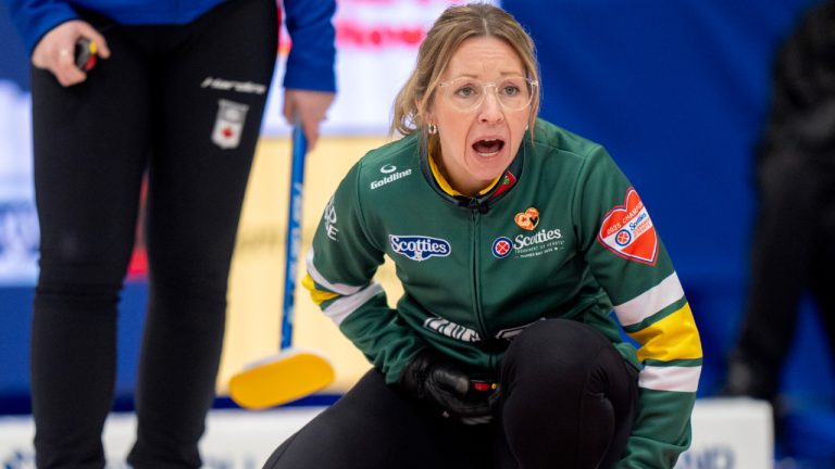 Northern Ontario skip Krista McCarville calls a shot during Scotties Tournament of Hearts action against Alberta's Sturmay in Thunder Bay, Ont. on Sunday, February 16, 2025. (Frank Gunn/CP)