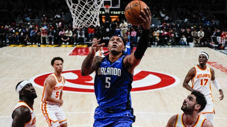 Orlando Magic forward Paolo Banchero shoots against the Atlanta Hawks during the first half of an NBA game, Thursday, Feb. 20, 2025, in Atlanta. (AP/Mike Stewart)