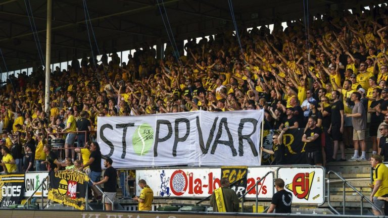 The home crowd throws tennis balls onto the pitch in a protest against VAR, shortly after kick-off in soccer match between Lillestrom and KFUM Oslo at Arasen Stadium in Oslo, June 27, 2024. (Cornelius Poppe/NTB via AP)

