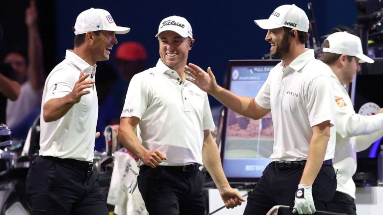 Atlanta Drive GC players celebrate after defeating Los Angeles Golf Club, 6-5 in overtime, during their TGL presented by SoFi match at SoFi Center on February 17, 2025 in Palm Beach Gardens, Florida. (Photo by Megan Briggs/TGL/TGL via Getty Images)