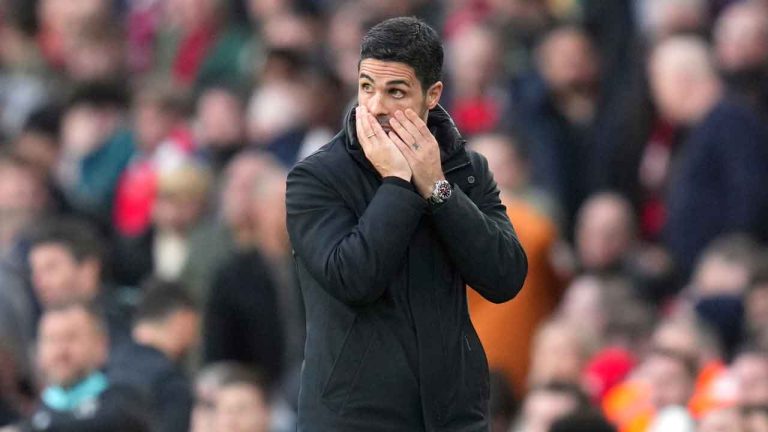 Arsenal's manager Mikel Arteta reacts during the English Premier League soccer match between Arsenal and West Ham United at Emirates stadium in London. (Kirsty Wigglesworth/AP)
