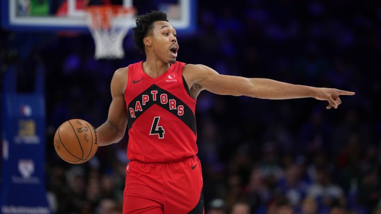 Toronto Raptors' Scottie Barnes plays during an NBA basketball game, Tuesday, Feb. 11, 2025, in Philadelphia. (Matt Slocum/AP)