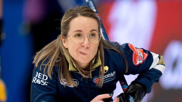 Nova Scotia skip Christina Black reacts to a shot in Scotties Tournament of Hearts action against Manitoba's Einarson in Thunder Bay, Ont., Wednesday, Feb. 19, 2025. (Frank Gunn/THE CANADIAN PRESS)