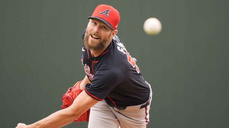 Atlanta Braves pitcher Chris Sale throws in the first inning of a spring training baseball game against the Minnesota Twins in Fort Myers, Fla. (Gerald Herbert/AP)
