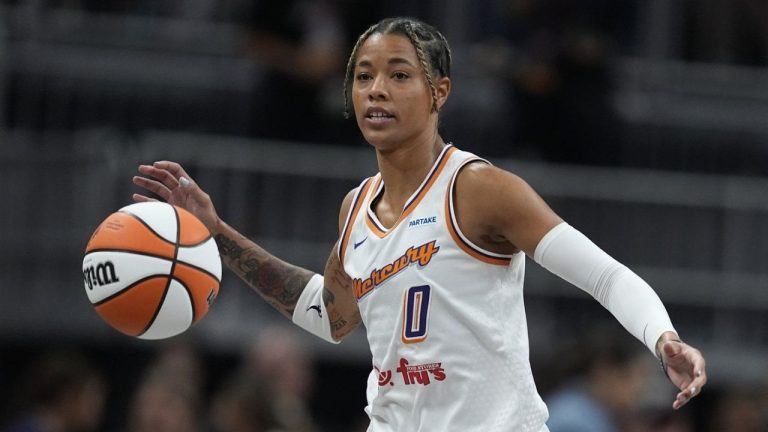 Phoenix Mercury's Natasha Cloud dribbles during the first half of a WNBA basketball game against the Indiana Fever in Indianapolis, on Friday, Aug. 16, 2024. (Darron Cummings/AP)
