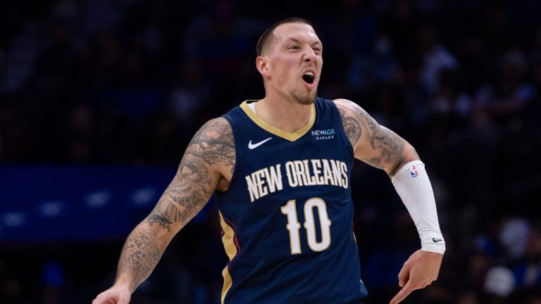 New Orleans Pelicans' Daniel Theis reacts during the NBA basketball game against the Philadelphia 76ers, Friday, Jan. 10, 2025, in Philadelphia. (Chris Szagola/AP)