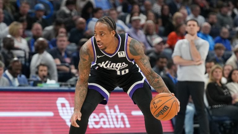 Sacramento Kings forward DeMar DeRozan pushes down the court during the first half of an NBA basketball game against the Oklahoma City Thunder, Saturday, Feb. 1, 2025, in Oklahoma City. (Kyle Phillips/AP)