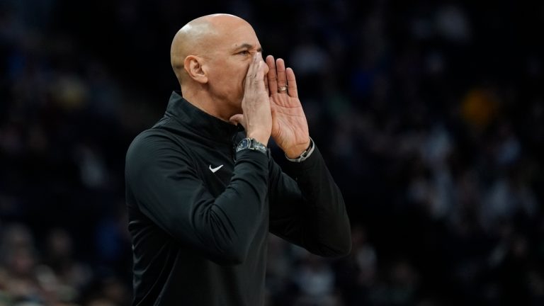 Sacramento Kings head coach Doug Christie yells during the first half of an NBA basketball game against the Minnesota Timberwolves, Monday, Feb. 3, 2025, in Minneapolis. (Abbie Parr/AP)