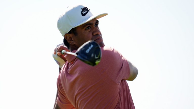 Tony Finau hits from the 18th tee of the South Course at Torrey Pines during the third round of the Genesis Invitational golf tournament Saturday, Feb. 15, 2025, in San Diego. (Gregory Bull/AP)