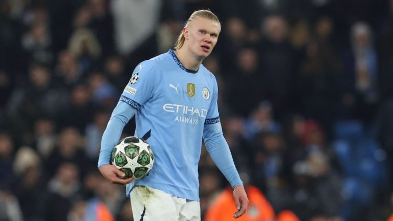 Manchester City's Erling Haaland reacts after the Champions League playoff first leg soccer match between Manchester City and Real Madrid at the Etihad Stadium in Manchester, England, Tuesday, Feb. 11, 2025. (Darren Staples/AP)