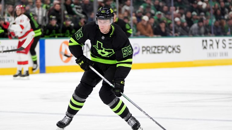 Dallas Stars defenseman Thomas Harley handles the puck during an NHL hockey game against the Carolina Hurricanes in Dallas, Tuesday, Jan. 21, 2025. (Tony Gutierrez/AP)