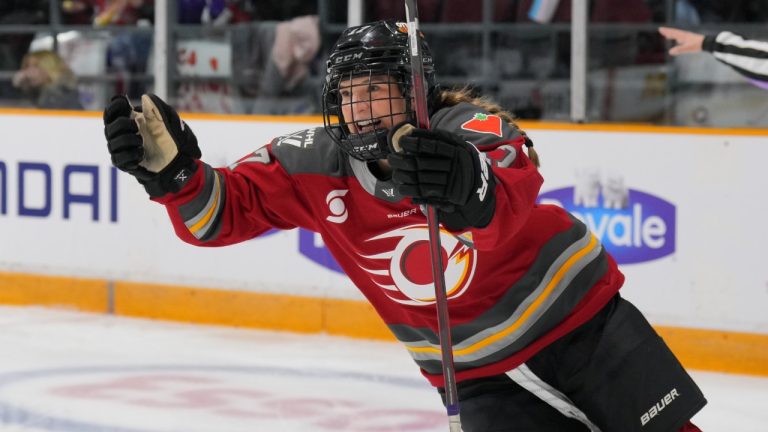 Ottawa Charge's Gabbie Hughes (17) celebrates her first period goal against the Minnesota Frost during PWHL hockey action in Ottawa, on Thursday, February 13, 2025. (Chris Tanouye/CP)