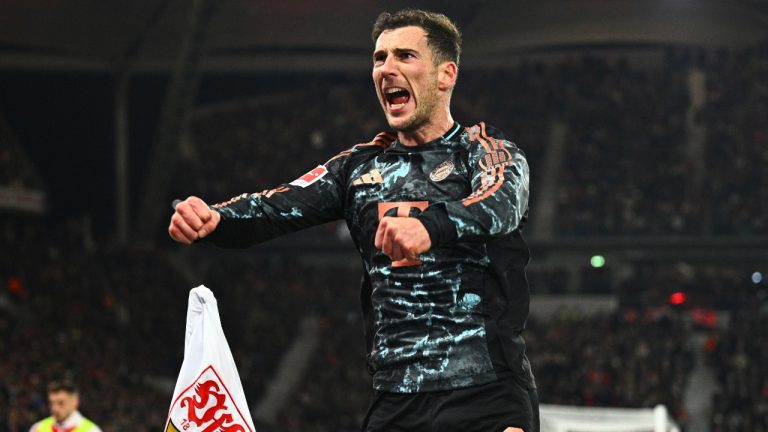 Munich's Leon Goretzka celebrates scoring during the Bundesliga soccer match between VfB Stuttgart and Bayern Munich at MHPArena, Stuttgart, Germany, Friday Feb. 28, 2025. (Tom Weller/dpa via AP)