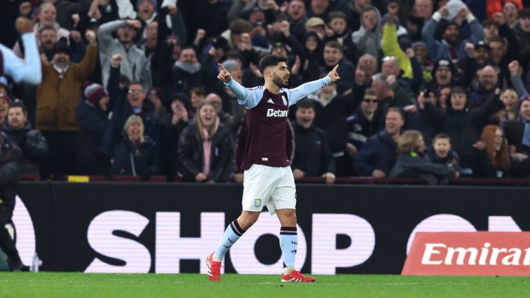 Aston Villa's Marco Asensio celebrates after scoring his side's second goal during the English FA Cup fifth round soccer match between Aston Villa and Cardiff City at the Villa Park stadium in Birmingham, England, Friday, Feb. 28, 2025. (Darren Staples/AP)