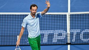 Daniil Medvedev competes in his round of 32 match against Karen Khachanov during the ATP Qatar ExxonMobil Open 2025 tennis tournament at the Khalifa International Tennis Complex in Doha, Qatar, on February 18, 2025. DOHA Qatar Copyright: xNOUSHADx