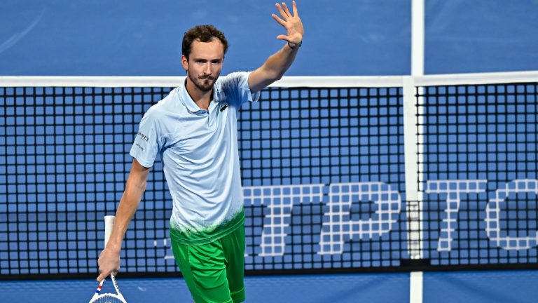 Daniil Medvedev competes in his round of 32 match against Karen Khachanov during the ATP Qatar ExxonMobil Open 2025 tennis tournament at the Khalifa International Tennis Complex in Doha, Qatar, on February 18, 2025. DOHA Qatar Copyright: xNOUSHADx
