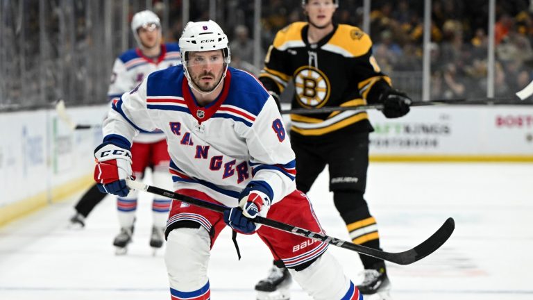 J.T. Miller #8 of the New York Rangers skates against the Boston Bruins during the second period at the TD Garden on February 01, 2025 in Boston, Massachusetts. (Brian Fluharty/Getty Images)