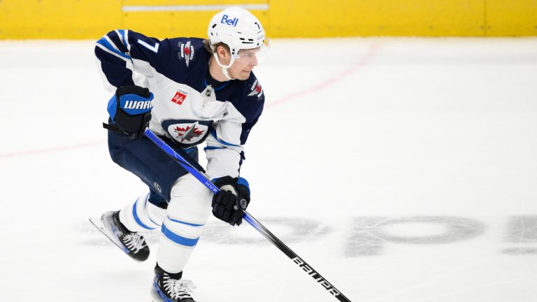 Winnipeg Jets center Vladislav Namestnikov (7) in action during overtime of an NHL hockey game against the Washington Capitals, Saturday, Feb. 1, 2025, in Washington. (Nick Wass/AP)