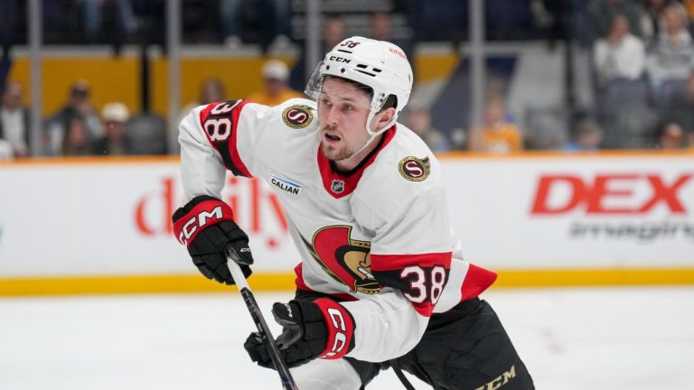 Ottawa Senators center Zack Ostapchuk (38) plays during the first period of an NHL hockey game against the Nashville Predators, Monday, Feb. 3, 2025, in Nashville, Tenn. (George Walker IV/AP)