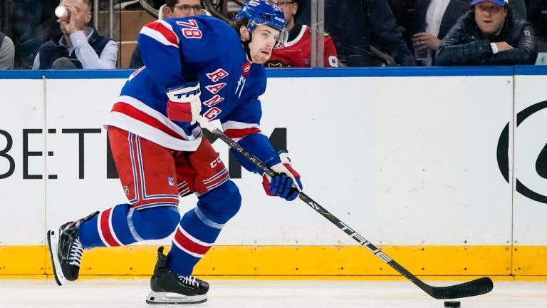 FILE - New York Rangers left wing Brennan Othmann (78) looks to pass the puck during the first period of an NHL hockey game against the Chicago Blackhawks in New York, Jan. 4, 2024. (Peter K. Afriyie/AP)