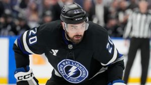 Tampa Bay Lightning left wing Nick Paul (20) against the Detroit Red Wings during the second period of an NHL hockey game Saturday, Jan. 18, 2025, in Tampa, Fla. (Chris O'Meara/AP Photo)