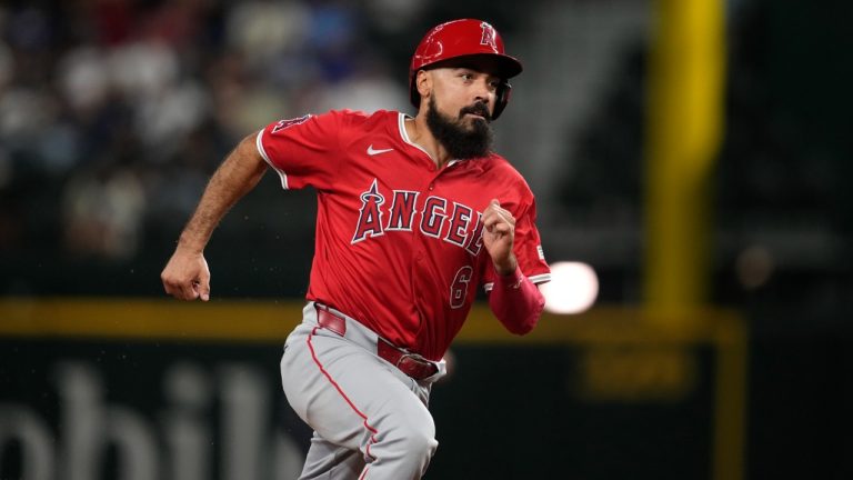 Los Angeles Angels' Anthony Rendon sprints to third during a baseball game against the Texas Rangers, Sept. 6, 2024, in Arlington, Texas. (Tony Gutierrez/AP)