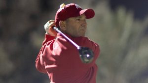 Captain Sergio Garcia of Fireballs GC hits his shot on the ninth hole during the final round of LIV Golf Riyadh at Riyadh Golf Club on Saturday, February 08, 2025 in Riyadh, Saudi Arabia. (Jon Ferrey/LIV Golf via AP)