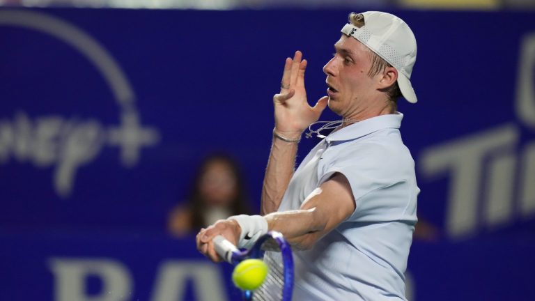 Denis Shapovalov of Canada hits a return to Marcos Giron of the U.S. during a Mexican Open tennis match in Acapulco, Mexico, Thursday, Feb. 27, 2025. (Eduardo Verdugo/AP Photo)