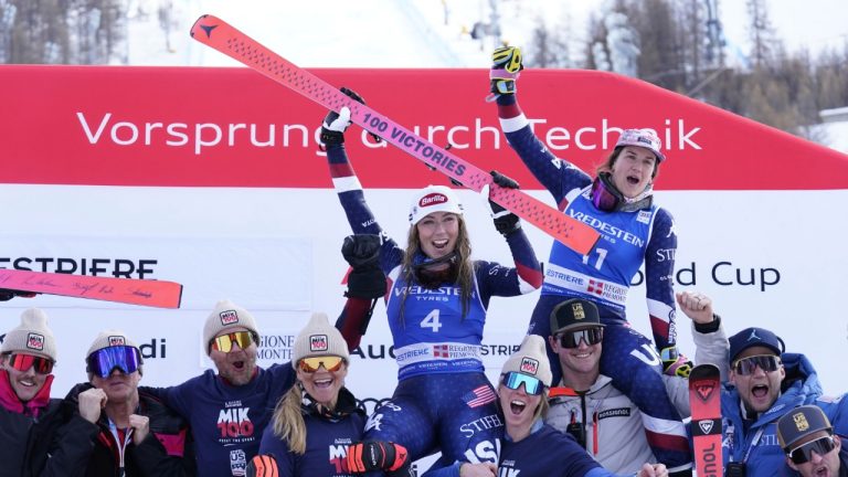 The winner United States' Mikaela Shiffrin and third placed United States' Paula Moltzan celebrate after an alpine ski, women's World Cup slalom, in Sestriere, Italy, Sunday, Feb. 23, 2025. (Piermarco Tacca/AP)