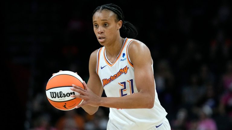 Phoenix Mercury forward Brianna Turner dribbles the ball against the Seattle Storm during the second half of a WNBA basketball game Saturday, Aug. 5, 2023, in Phoenix. (Ross D. Franklin/AP)