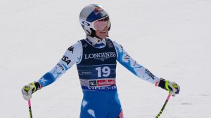 United States' Lindsey Vonn smiles at the finish area of a downhill run of a women's team combined event, at the Alpine Ski World Championships, in Saalbach-Hinterglemm, Austria, Tuesday, Feb. 11, 2025. (Giovanni Auletta/AP Photo)