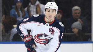 Columbus Blue Jackets' Zach Werenski skates with the puck during the first period of an NHL hockey game against the New York Rangers Saturday, Jan. 18, 2025, in New York. (Pamela Smith/AP)