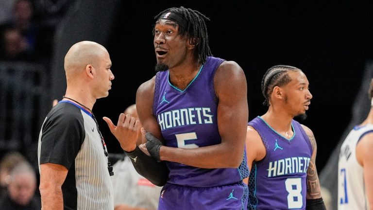 Charlotte Hornets centre Mark Williams (5) reacts to a foul call during the first half of an NBA basketball game against the Dallas Mavericks on Monday, Jan. 20, 2025, in Charlotte, N.C. (Jim Dedmon/AP Photo)