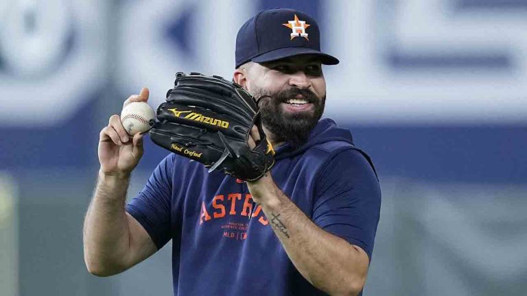 Houston Astros starting pitcher José Urquidy works out before a baseball game against the Texas Rangers, Sunday, April 14, 2024, in Houston. (Kevin M. Cox/AP)