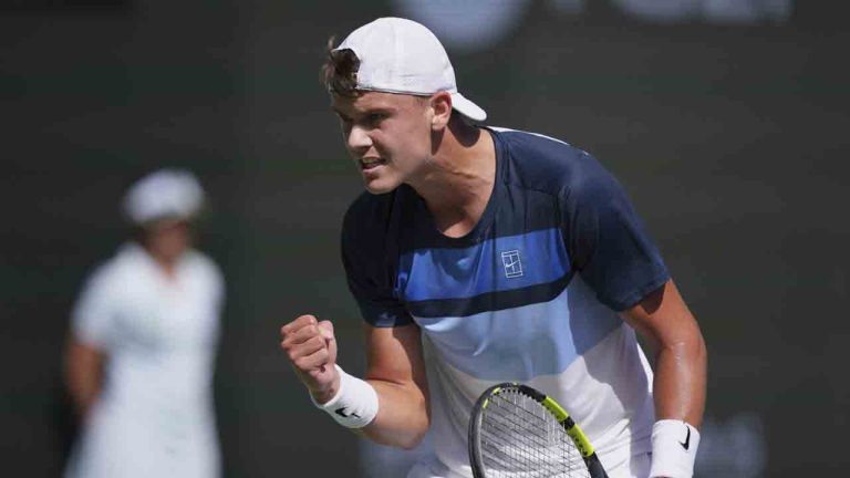 Holger Rune, of Denmark, celebrates a point against Daniil Medvedev, of Russia, during their semifinals match at the BNP Paribas Open tennis tournament Saturday, March 15, 2025, in Indian Wells, Calif. (Mark J. Terrill/AP)
