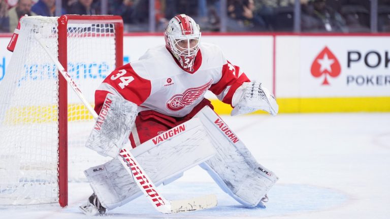 Detroit Red Wings' Alex Lyon plays during an NHL hockey game, Tuesday, Jan. 21, 2025, in Philadelphia. (AP Photo/Matt Slocum)